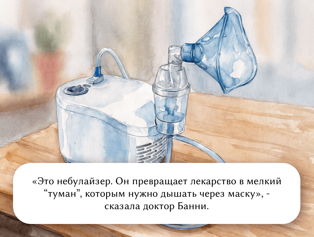 «Это небулайзер. Он превращает лекарство в мелкий “туман”, которым нужно дышать через маску», - сказала доктор Банни.
