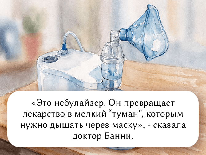 «Это небулайзер. Он превращает лекарство в мелкий “туман”, которым нужно дышать через маску», - сказала доктор Банни.