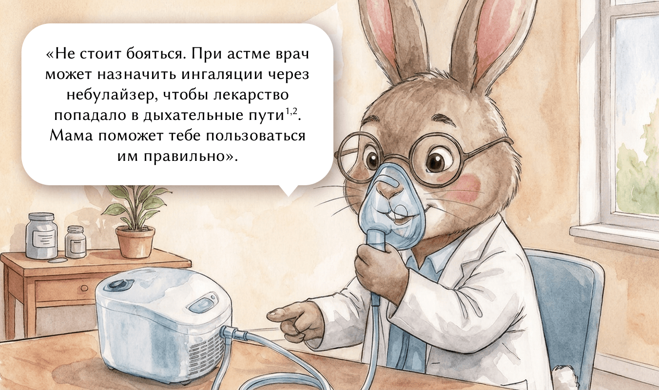 «Не стоит бояться. При астме врач может назначить ингаляции через небулайзер, чтобы лекарство попадало в дыхательные пути. Мама поможет тебе пользоваться им правильно».