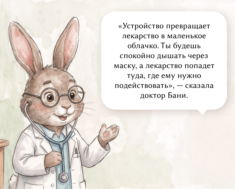 «Устройство превращает лекарство в маленькое облачко. Ты будешь спокойно дышать через маску, а лекарство попадет туда, где ему нужно подействовать», — сказала доктор Бани.