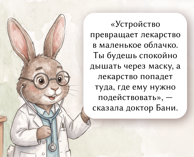 «Устройство превращает лекарство в маленькое облачко. Ты будешь спокойно дышать через маску, а лекарство попадет туда, где ему нужно подействовать», — сказала доктор Бани.