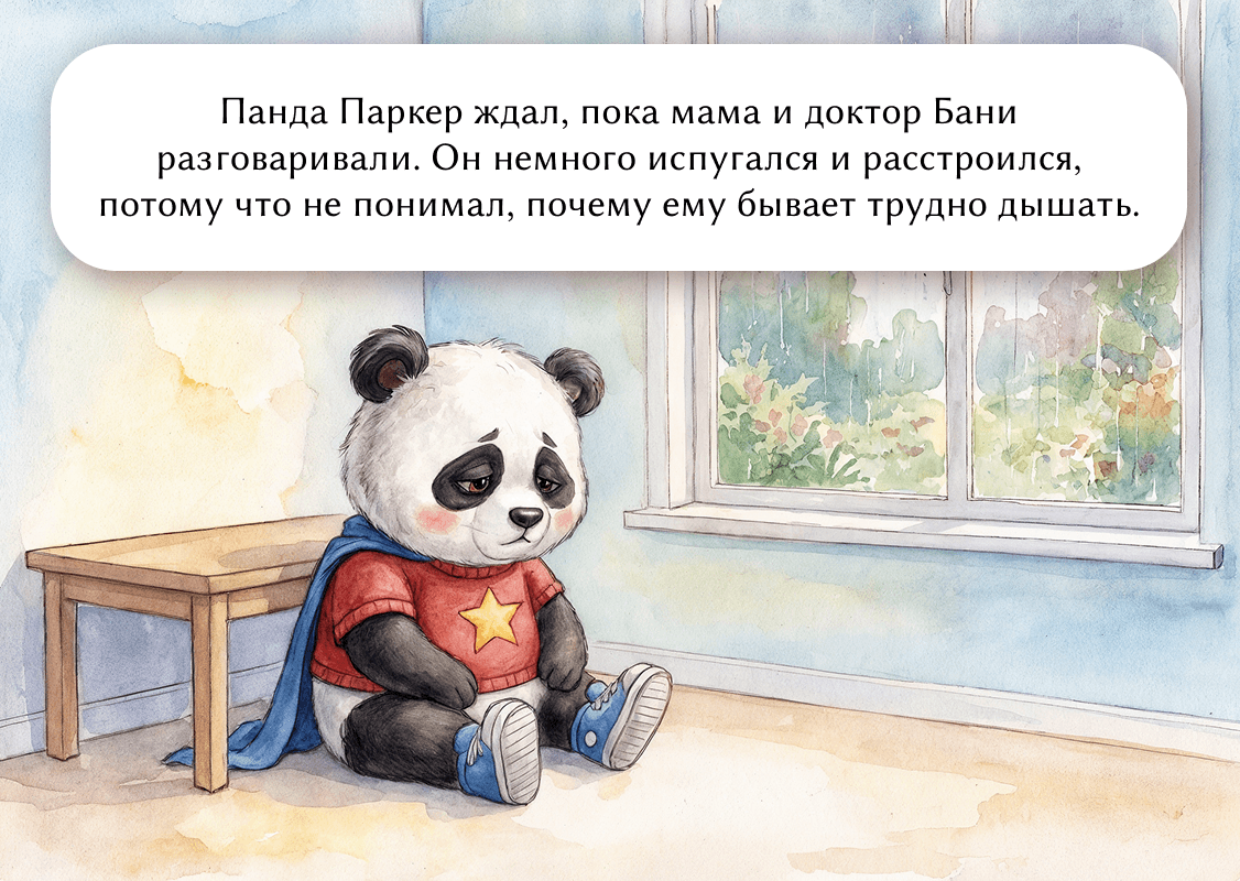 Панда Паркер ждал, пока мама и доктор Бани разговаривали. Он немного испугался и расстроился, потому что не понимал, почему ему бывает трудно дышать.