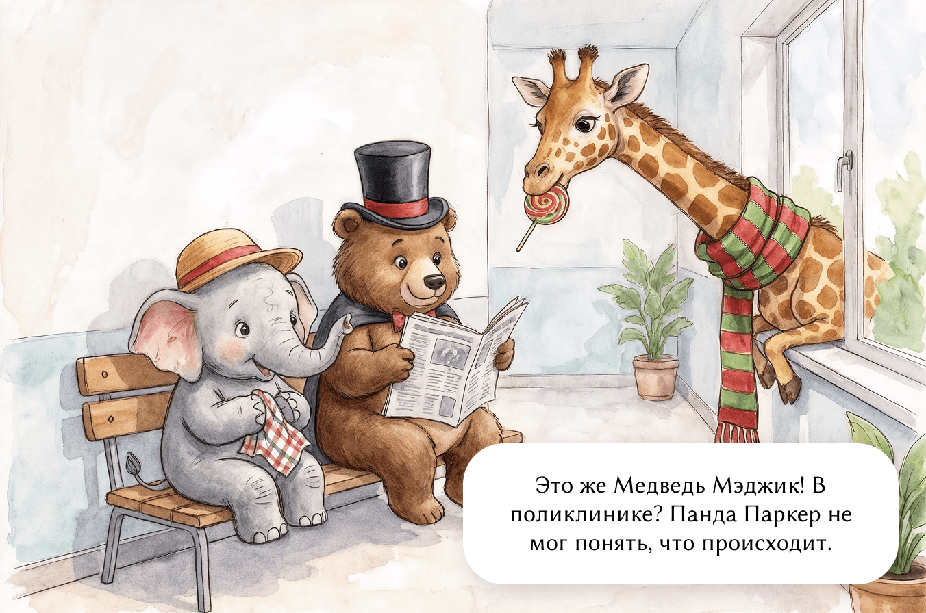 Это же Медведь Мэджик! В поликлинике? Панда Паркер не мог понять, что происходит.