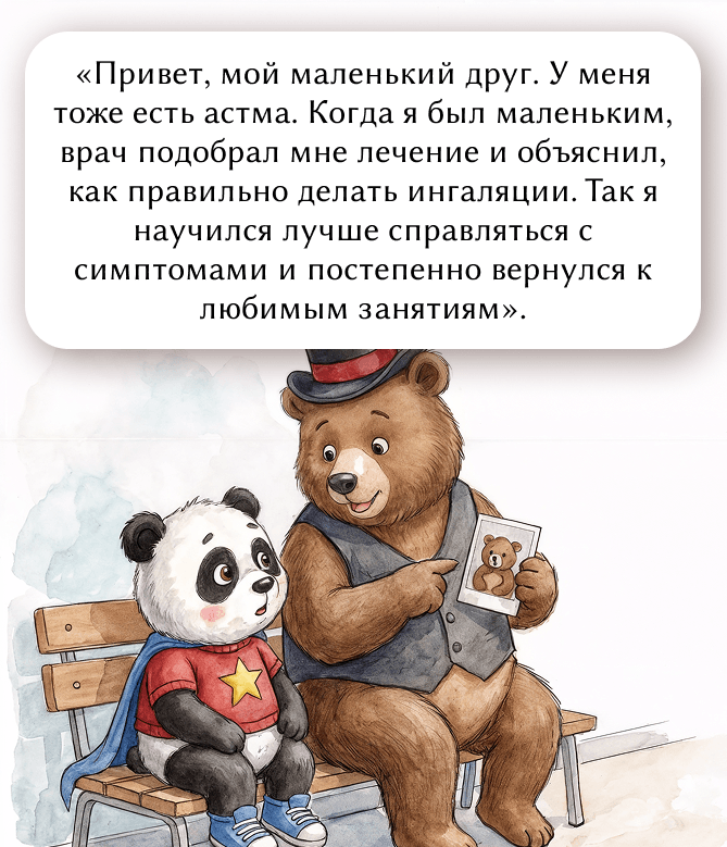 «Привет, мой маленький друг. У меня тоже есть астма. Когда я был маленьким, врач подобрал мне лечение и объяснил, как правильно делать ингаляции. Так я научился лучше справляться с симптомами и постепенно вернулся к любимым занятиям».