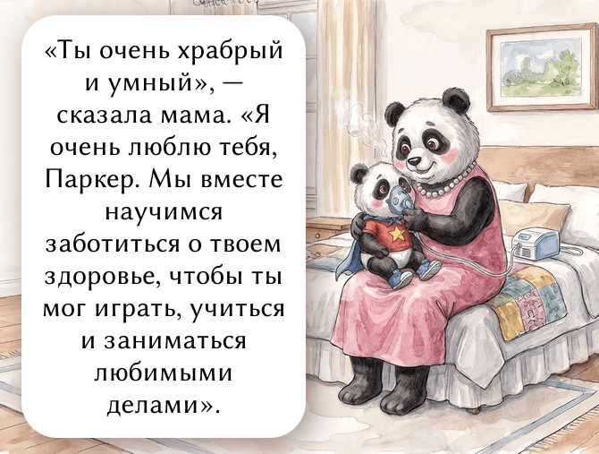 «Ты очень храбрый и умный», — сказала мама. «Я очень люблю тебя, Паркер. Мы вместе научимся заботиться о твоем здоровье, чтобы ты мог играть, учиться и заниматься любимыми делами».
