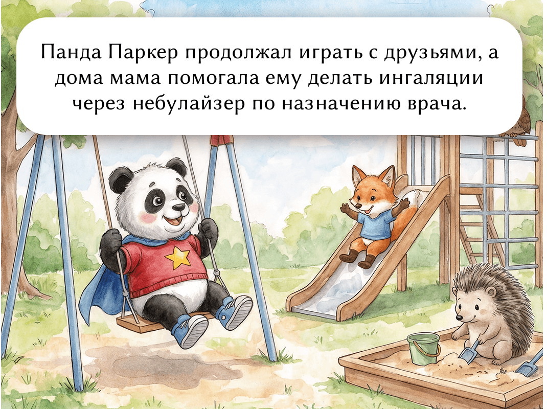 Панда Паркер продолжал играть с друзьями, а дома мама помогала ему делать ингаляции через небулайзер по назначению врача.