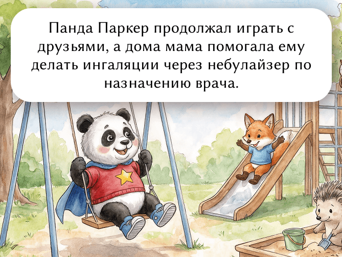 Панда Паркер продолжал играть с друзьями, а дома мама помогала ему делать ингаляции через небулайзер по назначению врача.