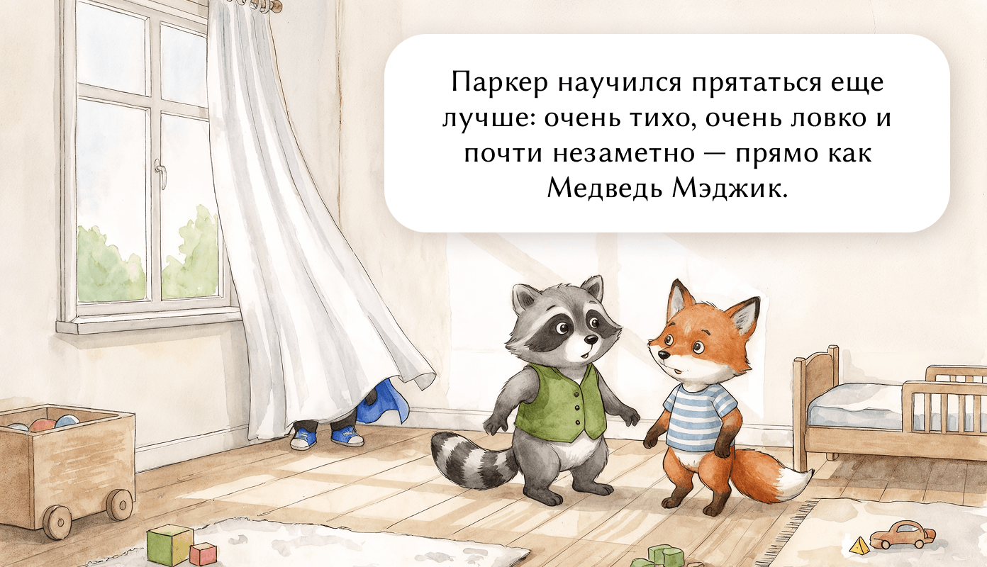 Паркер научился прятаться еще лучше: очень тихо, очень ловко и почти незаметно — прямо как Медведь Мэджик.