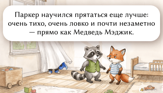 Паркер научился прятаться еще лучше: очень тихо, очень ловко и почти незаметно — прямо как Медведь Мэджик.