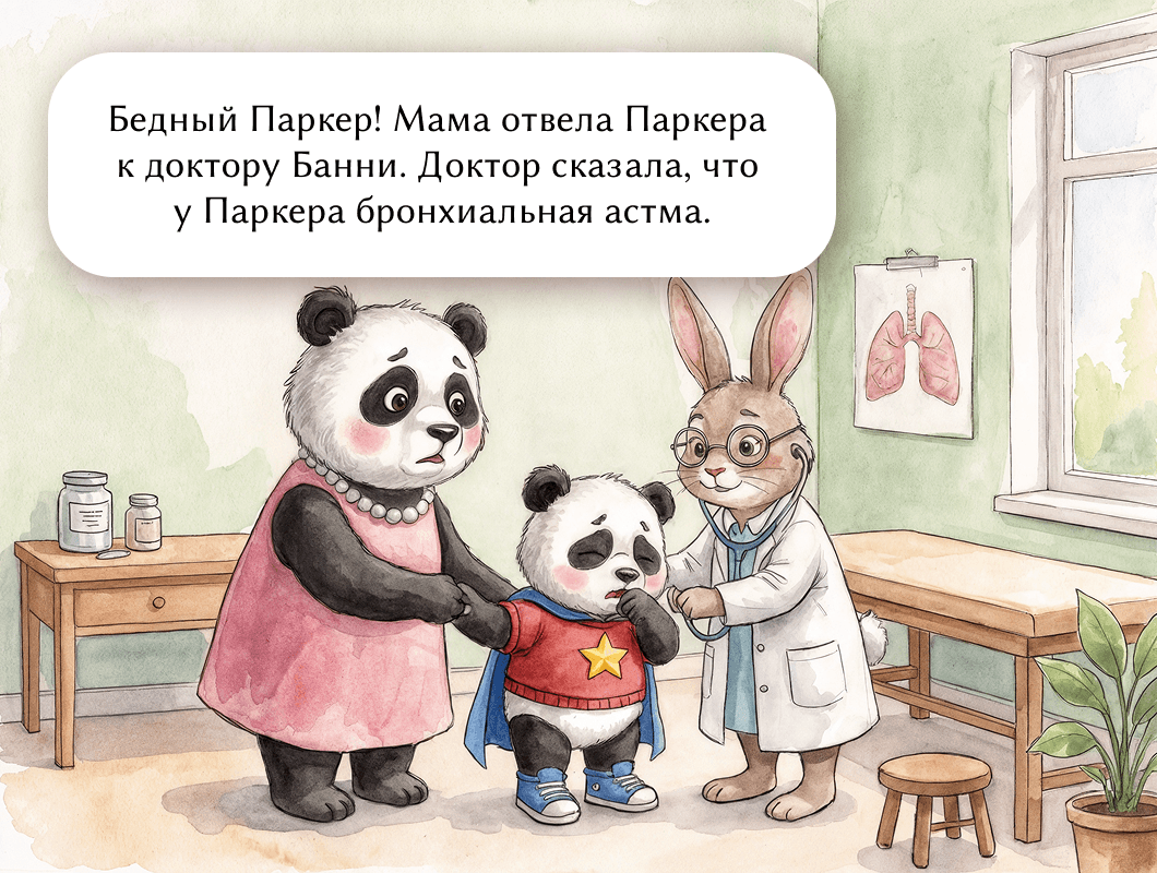Бедный Паркер! Мама отвела Паркера к доктору Банни. Доктор сказала, что у Паркера бронхиальная астма.