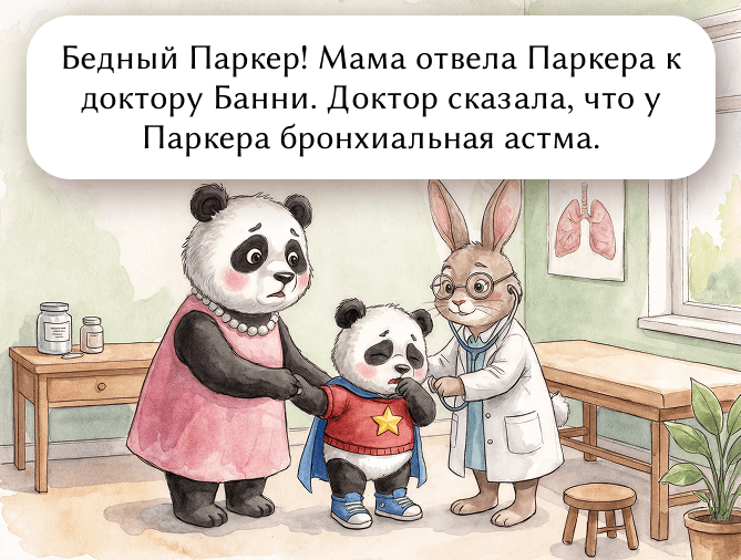 Бедный Паркер! Мама отвела Паркера к доктору Банни. Доктор сказала, что у Паркера бронхиальная астма.