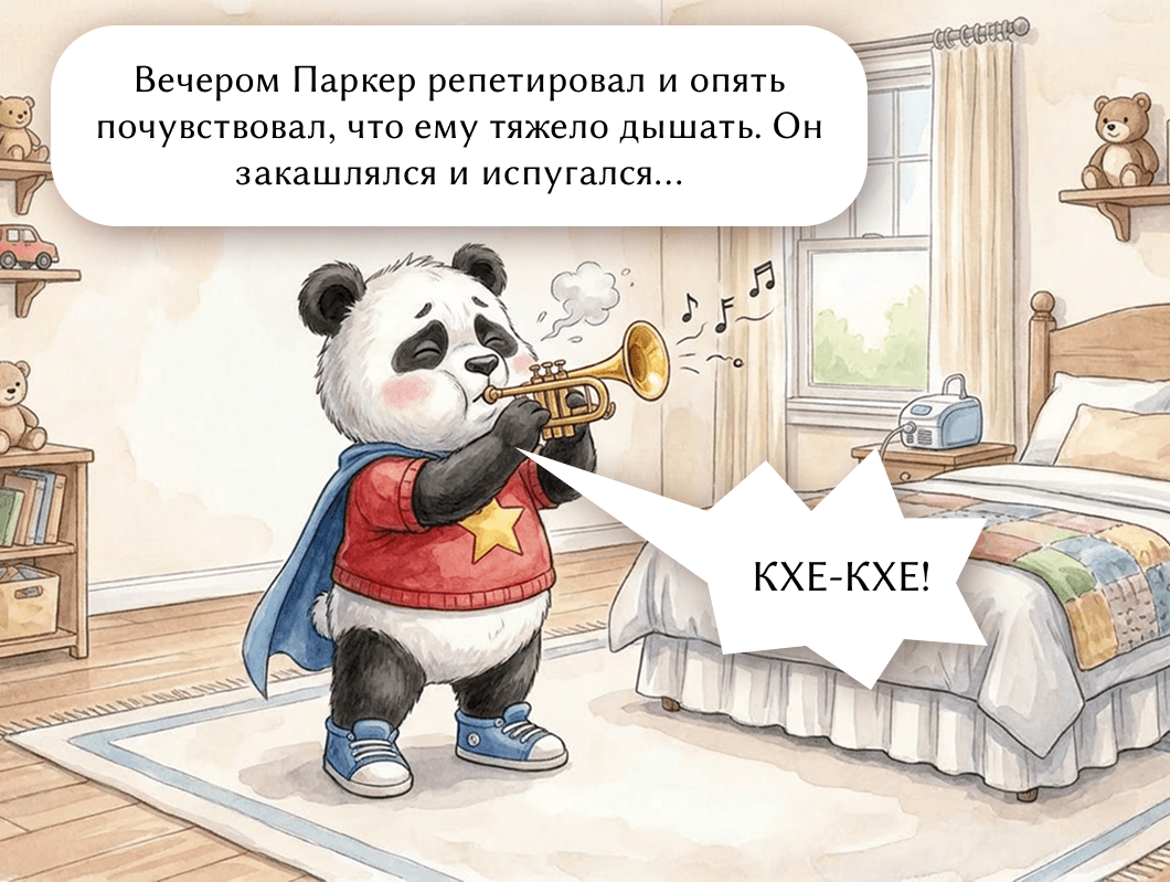 Вечером Паркер репетировал и опять почувствовал, что ему тяжело дышать. Он закашлялся и испугался...