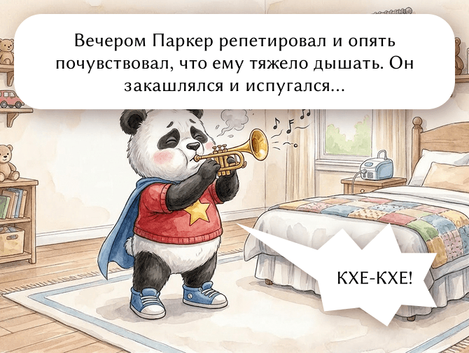Вечером Паркер репетировал и опять почувствовал, что ему тяжело дышать. Он закашлялся и испугался...