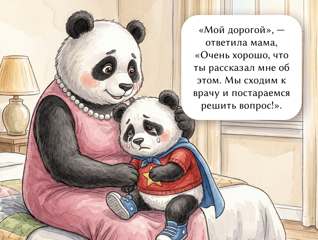 «Мой дорогой», —ответила мама, «Очень хорошо, что ты рассказал мне об этом. Мы сходим к врачу и постараемся  решить вопрос!».