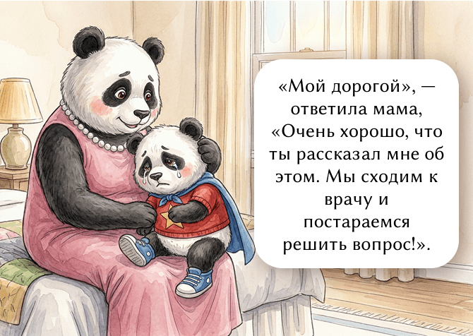 «Мой дорогой», —ответила мама, «Очень хорошо, что ты рассказал мне об этом. Мы сходим к врачу и постараемся  решить вопрос!».