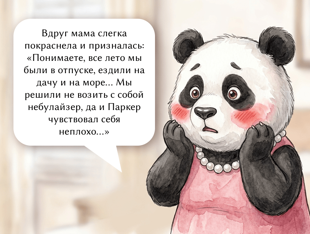 Вдруг мама слегка покраснела и призналась: «Понимаете, все лето мы были в отпуске, ездили на дачу и на море... Мы решили не возить с собой небулайзер, да и Паркер чувствовал себя неплохо...»