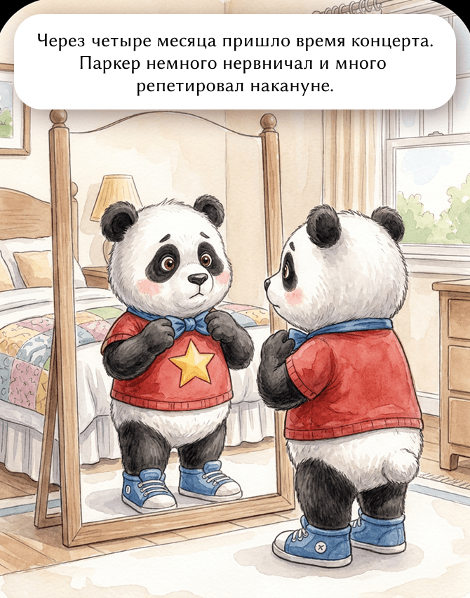 Через четыре месяца пришло время концерта. Паркер немного нервничал и много репетировал накануне.