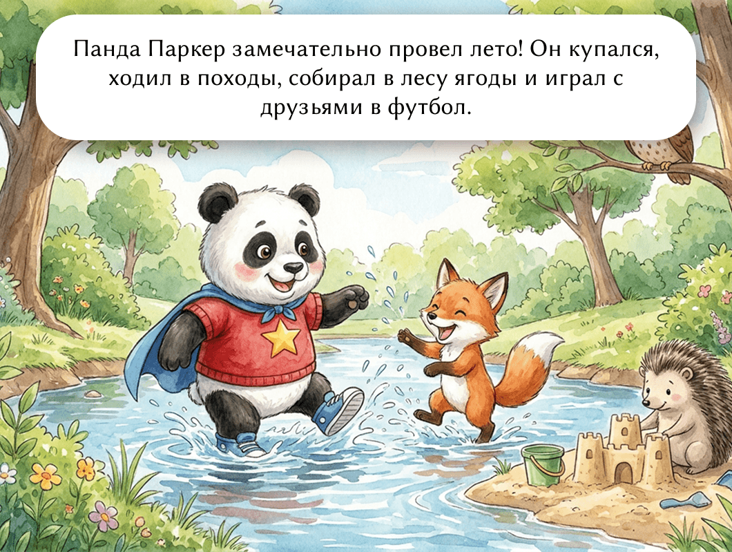 Панда Паркер замечательно провел лето! Он купался, ходил в походы, собирал в лесу ягоды и играл с друзьями в футбол.
