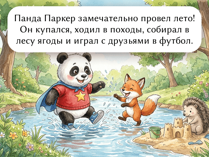 Панда Паркер замечательно провел лето! Он купался, ходил в походы, собирал в лесу ягоды и играл с друзьями в футбол.