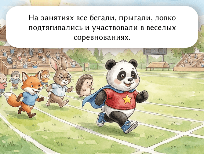 На занятиях все бегали, прыгали, ловко подтягивались и участвовали в веселых соревнованиях.