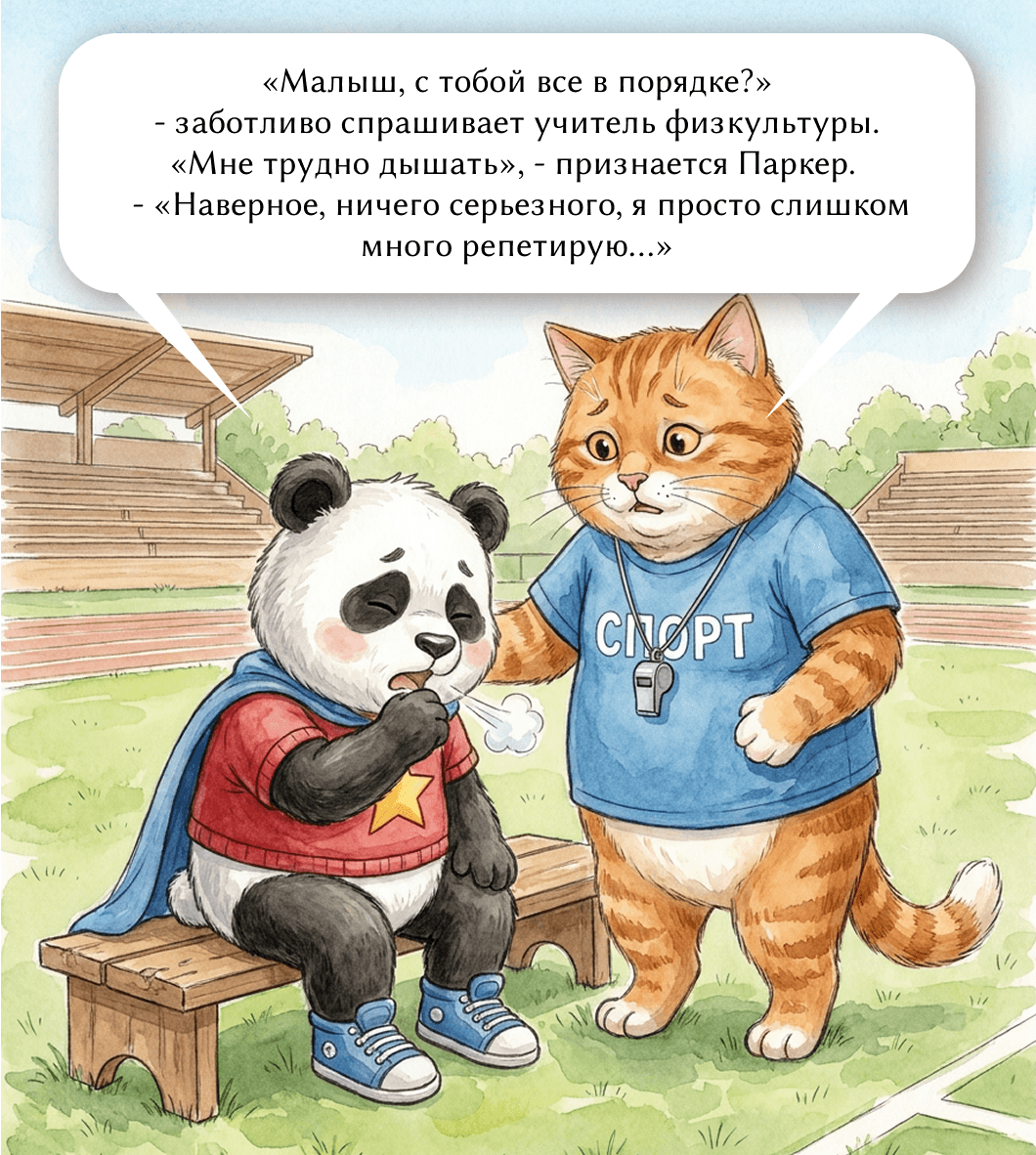 «Малыш, с тобой все в порядке?» - заботливо спрашивает учитель физкультуры. «Мне трудно дышать», - признается Паркер. - «Наверное, ничего серьезного, я просто слишком много репетирую...»