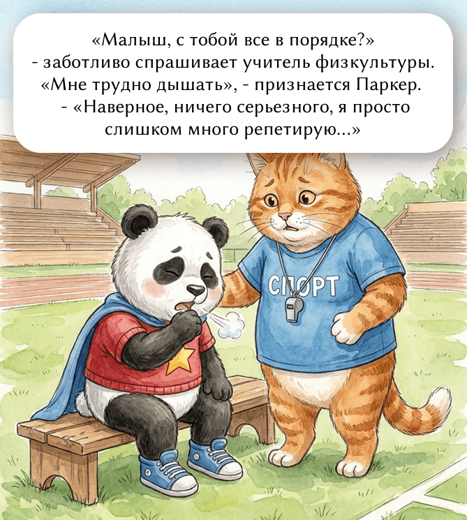 «Малыш, с тобой все в порядке?» - заботливо спрашивает учитель физкультуры. «Мне трудно дышать», - признается Паркер. - «Наверное, ничего серьезного, я просто слишком много репетирую...»
