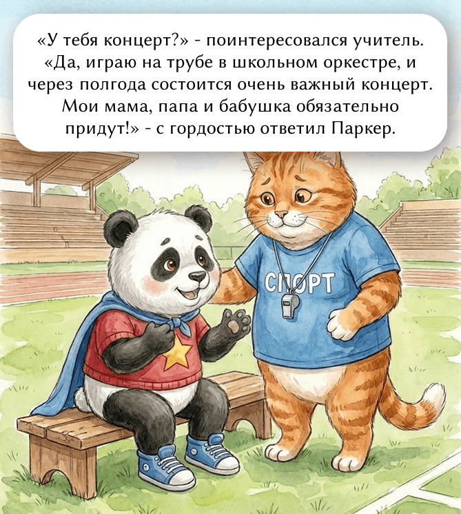 «У тебя концерт?» - поинтересовался учитель. «Да, играю на трубе в школьном оркестре, и через полгода состоится очень важный концерт. Мои мама, папа и бабушка обязательно придут!» - с гордостью ответил Паркер.